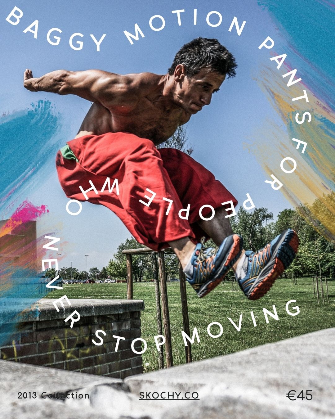 Men Jumping in Baggy Motion Pants - Red